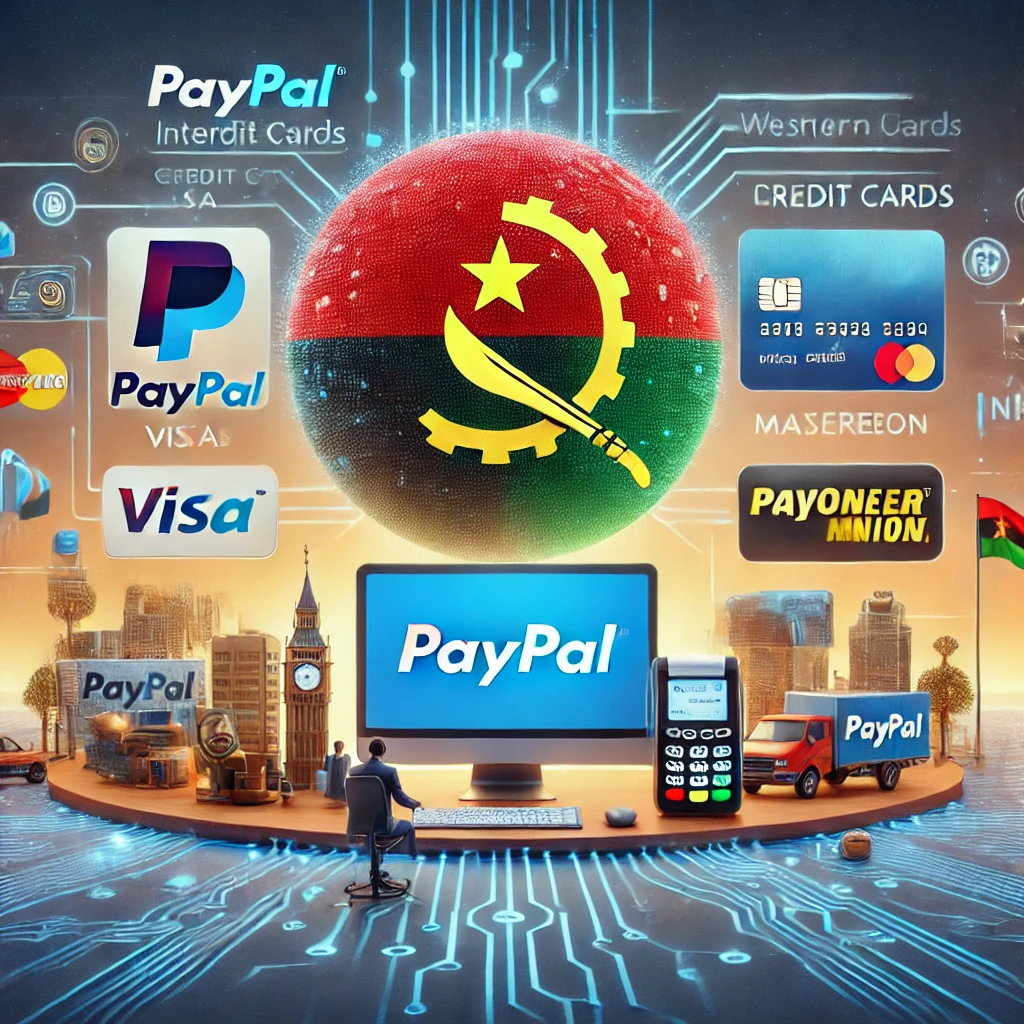 Ilustração sobre como receber dinheiro pelo PayPal em Angola, com o logotipo do PayPal no centro, setas apontando para métodos como cartões de crédito internacionais (Visa, Mastercard), integração com Payoneer e ícones de serviços de transferência como Western Union, com a bandeira nacional de Angola ao fundo