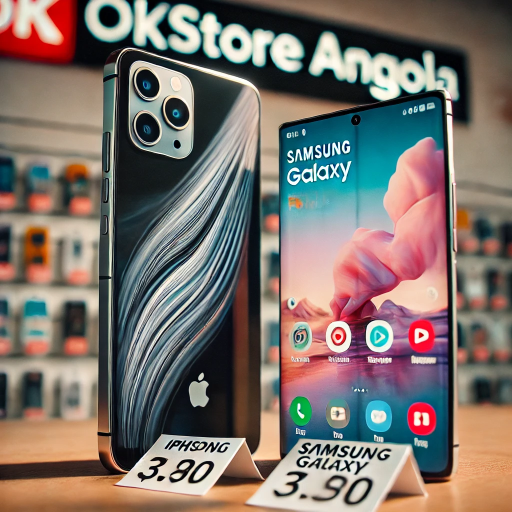 Imagem comparando um iPhone e um Samsung Galaxy lado a lado, com preços acessíveis e design moderno, sugerindo ofertas atrativas na loja Okstore Angola.