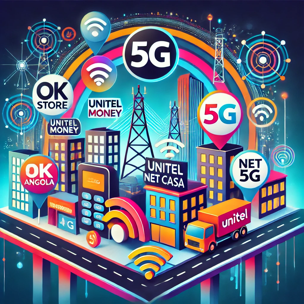 Imagem promocional destacando os serviços da Unitel como Unitel Money, Unitel Net Casa e Unitel 5G, com elementos visuais que representam conectividade digital, pagamento móvel e internet de alta velocidade. Inclui o logotipo da OK Store Angola simbolizando parcerias estratégicas para impulsionar o acesso a soluções tecnológicas em Angola