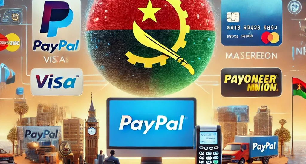 Ilustração sobre como receber dinheiro pelo PayPal em Angola, com o logotipo do PayPal no centro, setas apontando para métodos como cartões de crédito internacionais (Visa, Mastercard), integração com Payoneer e ícones de serviços de transferência como Western Union, com a bandeira nacional de Angola ao fundo