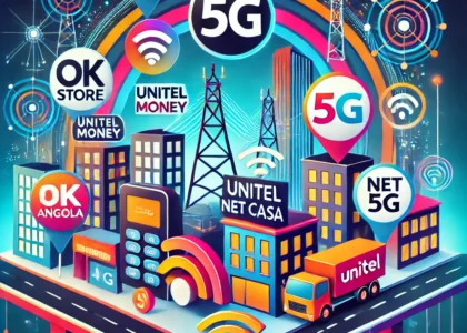 Imagem promocional destacando os serviços da Unitel como Unitel Money, Unitel Net Casa e Unitel 5G, com elementos visuais que representam conectividade digital, pagamento móvel e internet de alta velocidade. Inclui o logotipo da OK Store Angola simbolizando parcerias estratégicas para impulsionar o acesso a soluções tecnológicas em Angola