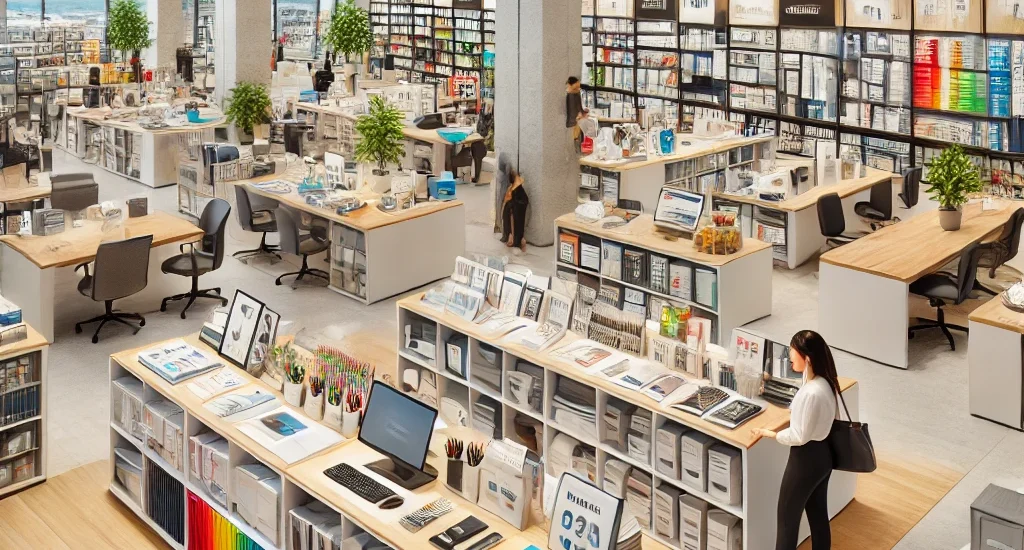 Aqui está o texto alternativo para a imagem: Uma loja moderna de material de escritório em Luanda, com prateleiras bem organizadas que exibem produtos como cadernos, papéis, canetas e organizadores. Há também uma área de mobiliário de escritório com cadeiras e mesas, além de impressoras e outros eletrónicos. O espaço é iluminado com luz natural proveniente de grandes janelas, e clientes percorrem a loja, alguns com carrinhos de compras. Um funcionário está a ajudar um cliente perto do balcão de atendimento.