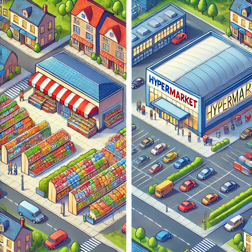 "Ilustração comparativa mostrando as principais diferenças entre um supermercado, com foco em conveniência e produtos essenciais, e um hipermercado, amplo e diversificado com seções para eletrônicos, roupas e alimentos.""Ilustração comparativa mostrando as principais diferenças entre um supermercado, com foco em conveniência e produtos essenciais, e um hipermercado, amplo e diversificado com seções para eletrônicos, roupas e alimentos."