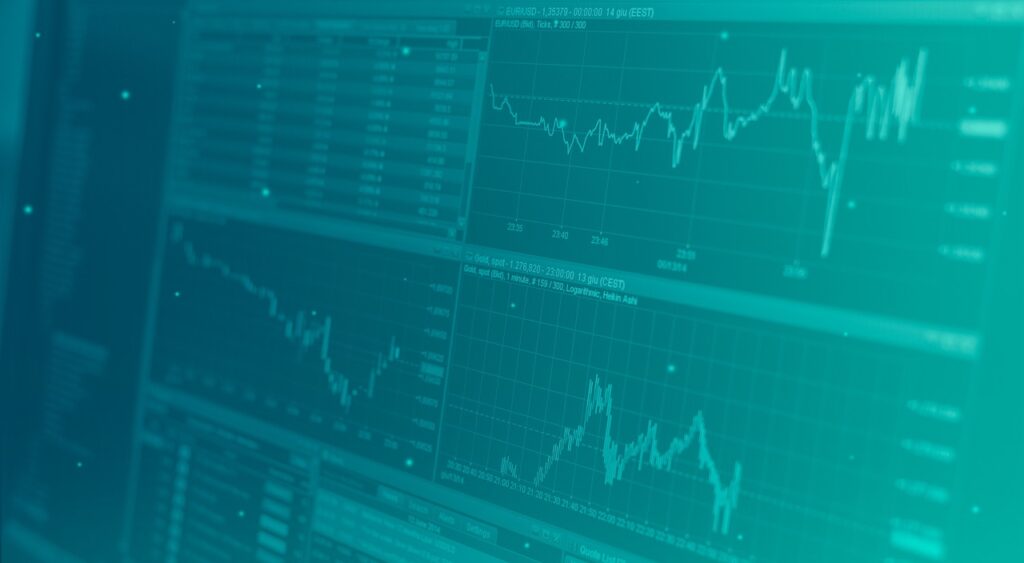 conta custódia, gráficos de análise de activos financeiros tela preta, gráficos verdes e vermelhos com gradiente azul esverdeado