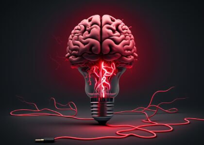 10 ferramentas de IA para aumentar a produtividade. Uma lâmpada com um cerebro rosa, e luzes rosa e vermelha, fundo preto tudo feito por IA(AI)